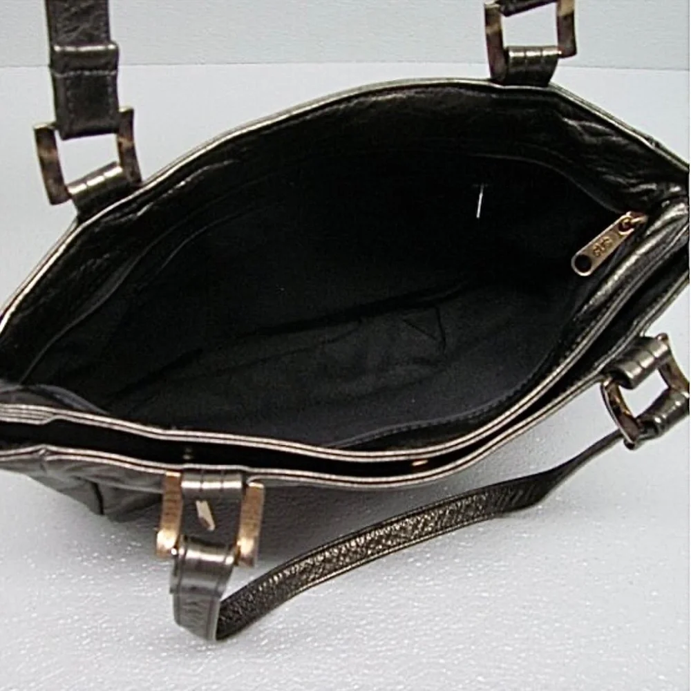 Vintage SAS Leather Purse Metallic Pewter Double Shoulder Straps Snap Zip Close